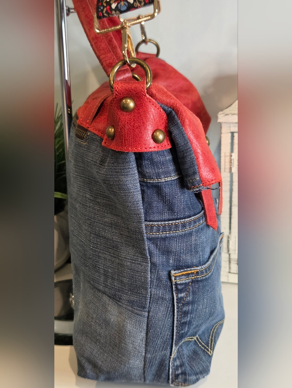 Levi's Denim & Red Italian Leather Convertible Handbag - Picture 4 of 12